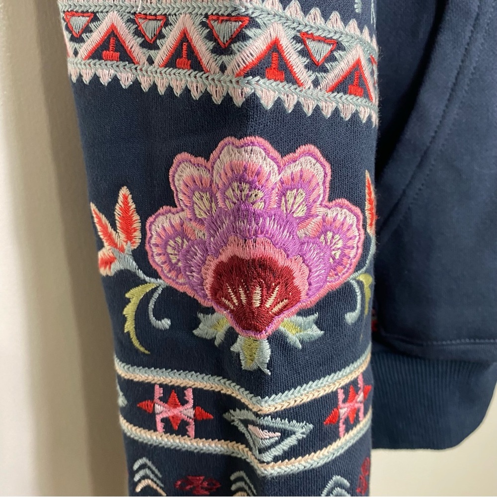 Floral Embroidery Navy Blue Boho Long Sleeves Sweatshirt Hooded Jackets, S - Picture 8 of 16